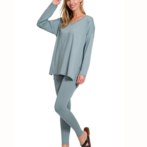 V‑Neck Long‑Sleeve Loungewear Leggings Set – Buttery Soft Brushed DTY Microfiber - Picture 2 of 5